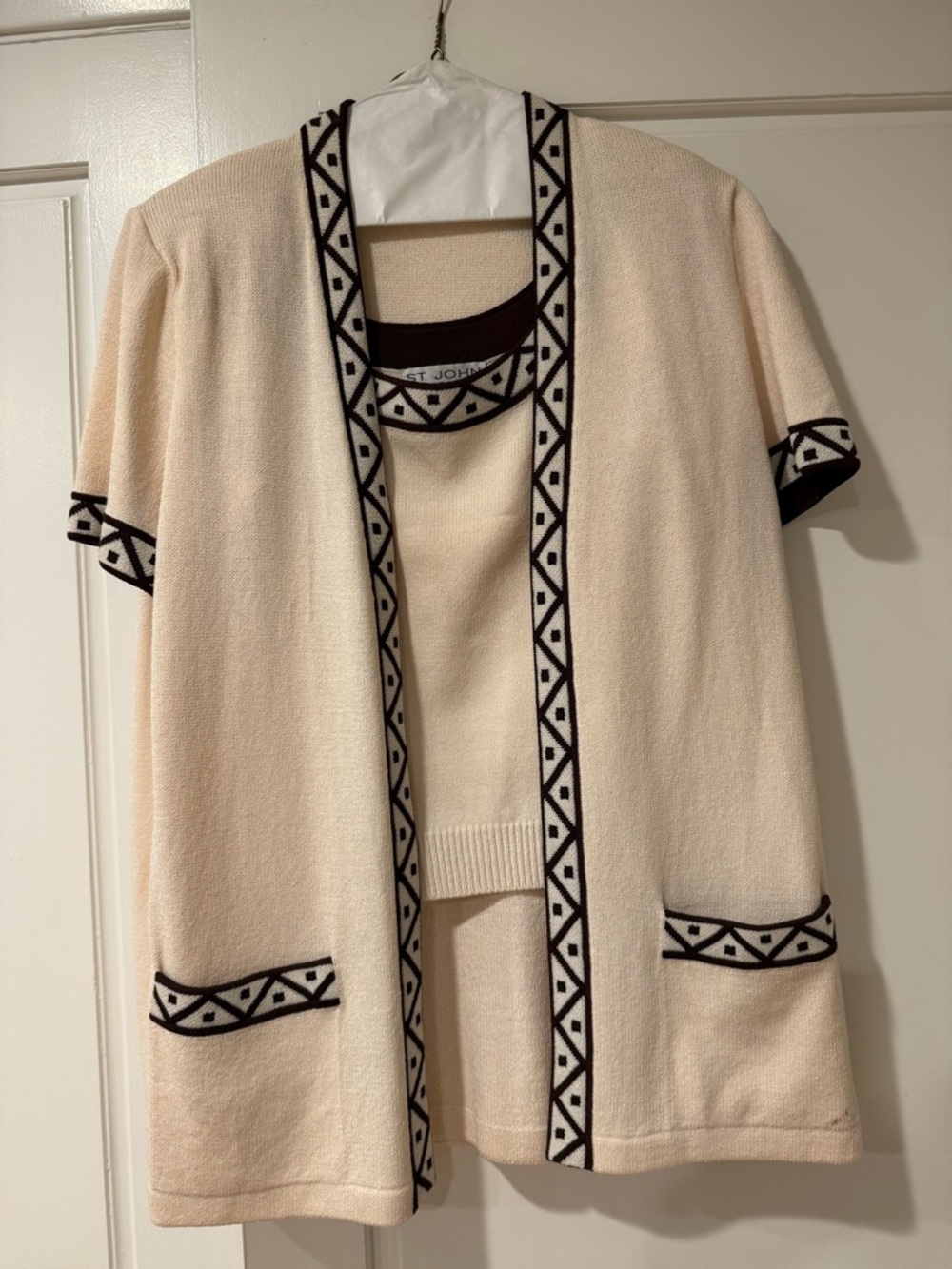 Vintage St. John 3 piece set Cream with Dark Brown Geometric Trim